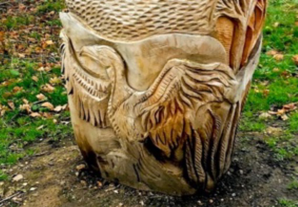 Cormorant tree trunk carving